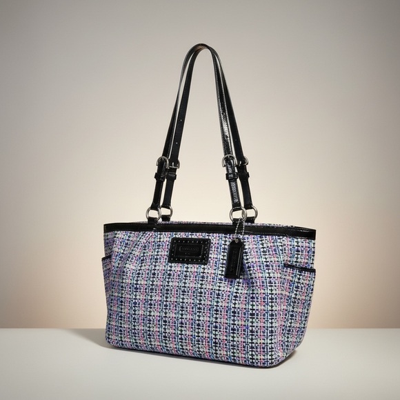 Coach Handbags - Coach Tweed Plaid Tote F17699 Black Patent Trim Satchel
